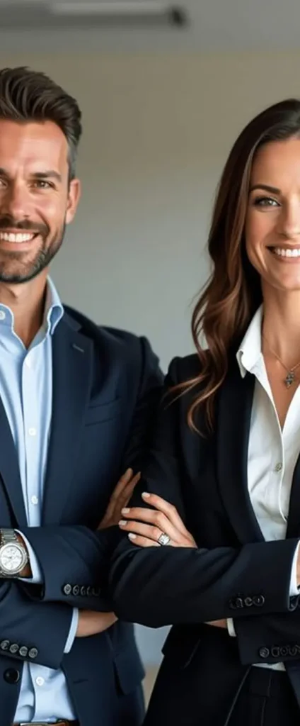 Successful business partners smiling, ready to obtain a business license.