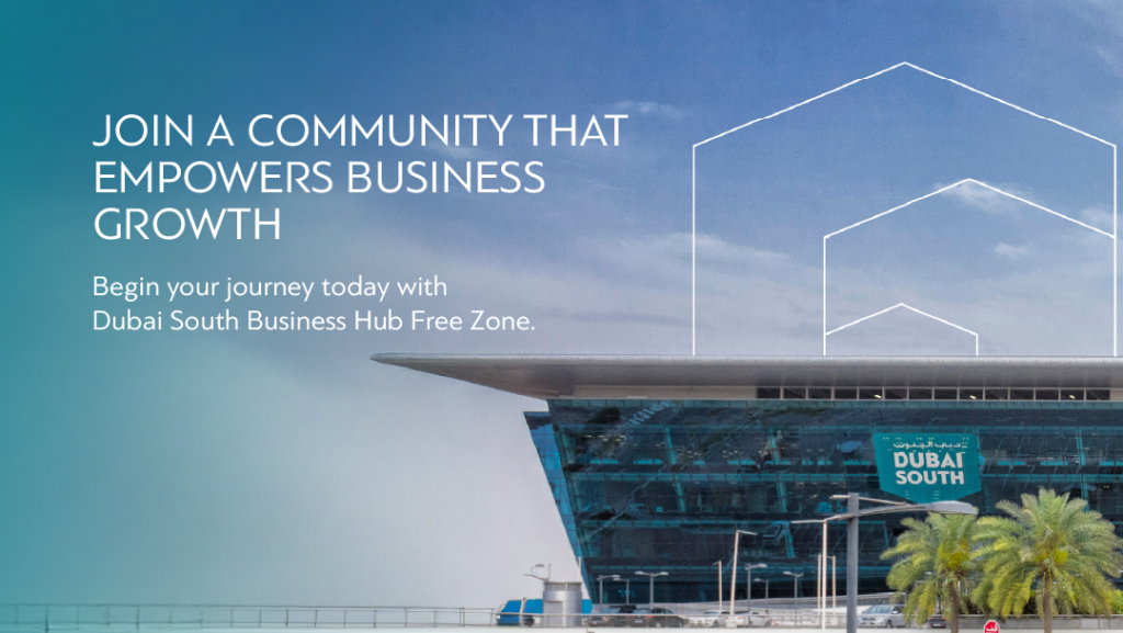 Dubai South Business Hub Free Zone building promoting business growth. Join a community of entrepreneurs.