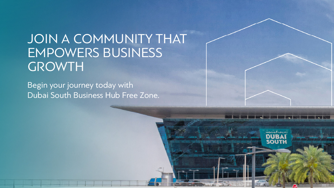 Dubai South Business Hub Free Zone building promoting business growth. Join a community of entrepreneurs.