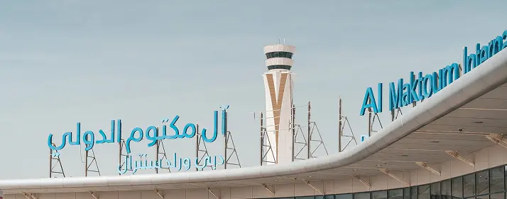 Al Maktoum International Airport entrance in Dubai, perfect for starting a business.